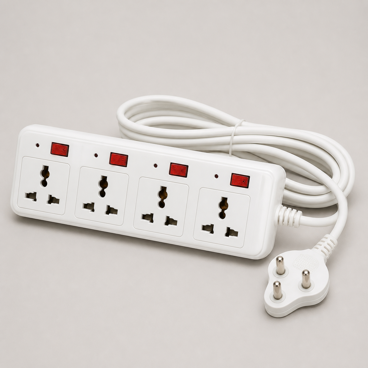White multi-socket extension board with power cable